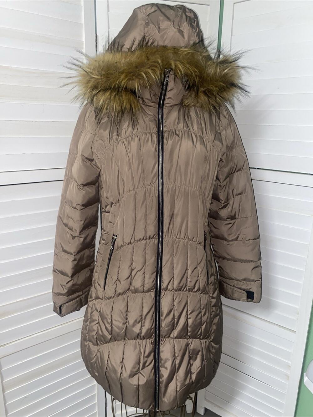 Black Rivet Khaki Ran Quilted Puffer Long Jacket Women’s Medium Faux Fur Trim